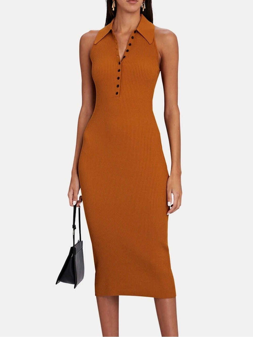 A.L.C. Sleeveless Ribbed Polo Midi Dress in Camel Brown